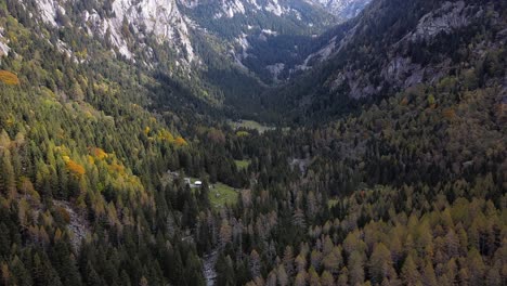 Drone-on-the-forest-and-stones-in-Val-di-Mello,-through-the-valley,-Italy