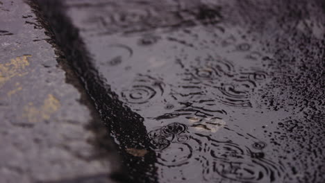 Close-up-footage-of-water-on-the-street-with-raindrops-falling-into-it-in-super-slow-motion