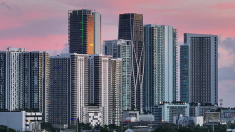 Aerial-shot-of-the-Miami-Skyline-at-Sunset