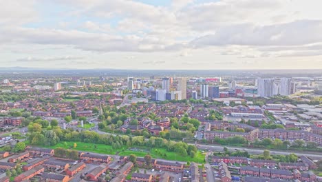 High-rise-builings-in-a-densley-populated-neighborhood-in-Manchester-behind-the-highway