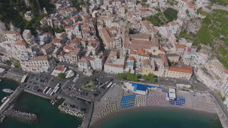 Slow-aerial-flyover-of-the-town-of-Amalfi-on-the-Amalfi-Coast-in-Italy