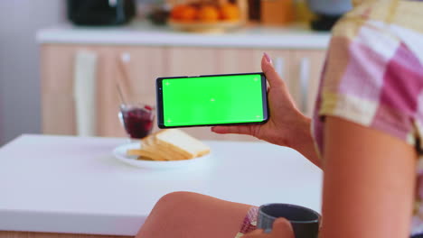 Woman-holds-green-screen-gadget