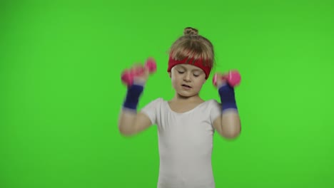 Caucasian-girl-in-sportswear-making-exercises-with-dumbbells.-Workout-for-kids.-Athletic-child