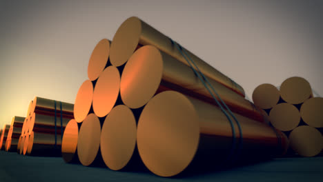 Loopable-animation-presents-stacks-of-cylindrical-copper-billets.-Copper-in-its-purest-form.-It-has-excellent-electrical-and-thermal-conductivity.-In-background-cloudless-dawn-sky.