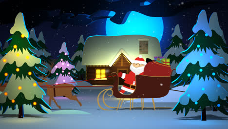 Happy-holidays!-Snow-is-falling-in-winter,-Christmas-landscape-with-illuminated-trees-and-cottage-covered-by-the-snow.-The-kids-are-enjoying-the-sledge-ride-with-the-Santa-Claus-and-his-reindeers.