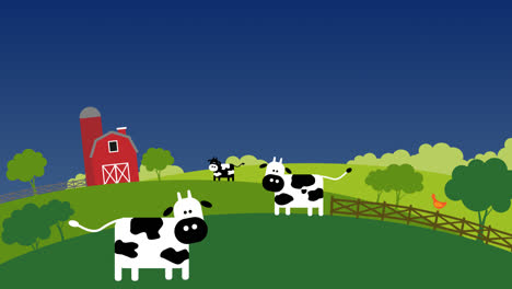 Loopable-animation-presents-transition-from-day-to-night-on-a-farm.-Rural-landscape-with-the-fence,-and-meadows-with-the-sunflowers-on-the-small-hills.-Three-cows,-a-chicken,-and-a-barn.