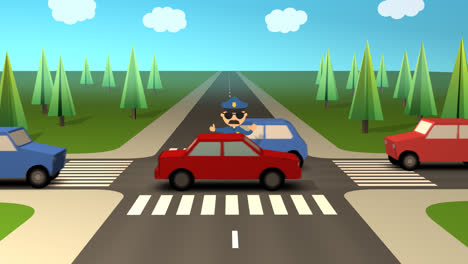 The-cartoon-animation-of-the-police-officer.-The-law-enforcement-with-sunglasses-and-big-mustache-is-directing-traffic-on-the-busy-crossroad-in-the-rush-hour.-Cars-slowly-driving-down-the-streets.