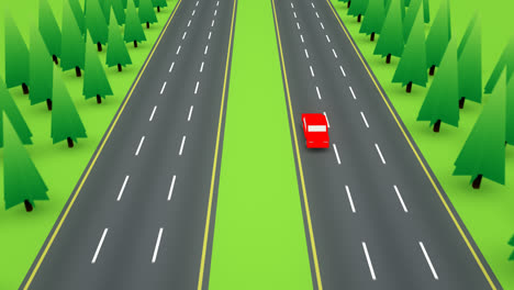High-angle-view-following-a-lone-red-car-as-it-travels-down-an-empty-six-lane-highway-with-the-guardrail-in-the-median-and-the-pine-forest-on-the-roadside.-3D-animation.