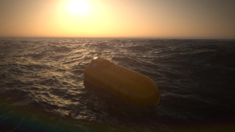 Emergency-lifeboats-floating-on-the-rough-sea.-Used-for-sinking-ship-evacuation.-Rescue-equipment-for-unexpected-marine-accident-of-boat-or-cruise-ship.-Cruse-safety-guarantee.-Sunsetting-sky.