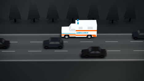A-busy-highway-with-the-trees-on-the-roadside.-An-ambulance-with-the-flashing-lights-driving-on-the-emergency-call.-The-life-saving-vehicle-is-speeding-on-the-road-passing-cars.