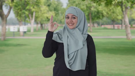 Glückliche-Muslimische-Frau,-Die-Im-Park-Ein-Okay-Schild-Zeigt