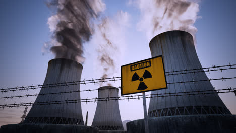 Nuclear-power-plant-caution-sign-and-barbed-wire-mounted-at-the-foot-of-three-large-tall-cement-chimneys-exhausting-smoke-and-fumes-into-the-atmosphere,-Sunset.