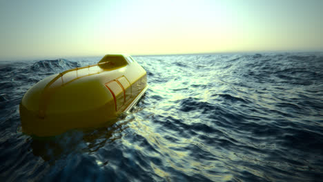 Emergency-lifeboats-floating-on-the-rough-sea.-Used-for-sinking-ship-evacuation.-Rescue-equipment-for-unexpected-marine-accident-of-boat-or-cruise-ship.-Cruse-safety-guarantee.-Sunsetting-sky.