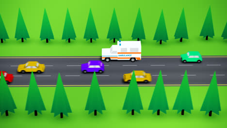 A-busy-highway-with-the-trees-on-the-roadside.-An-ambulance-with-the-flashing-lights-driving-on-the-emergency-call.-The-life-saving-vehicle-is-speeding-on-the-road-passing-cars.