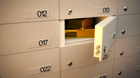 The-financial-and-business-concept.-Two-shiny-golden-ingots-in-a-locker.-A-solid-metal-safe-lockers-are-used-by-the-banking-system-to-protect-and-secure-the-deposit.