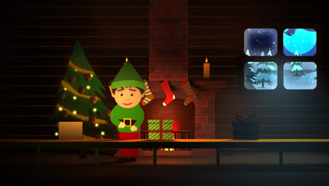 Happy-holidays!-Warm-room-in-an-old-wooden-cottage-with-the-illuminated-tree,-the-chimney-and-fireplace.-Cute-elf-is-fast-wrapping-gift-boxes-placed-on-conveyor-belt.-The-cold,-snowy-weather-outside.