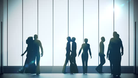 Backlighted,-dark-silhouettes-of-a-crowd-of-people-walking-in-the-spacious-lobby.-Great-for-illustrating-demographic-processes-of-human-migration-or-corporate-life.-Timelapse-animation.