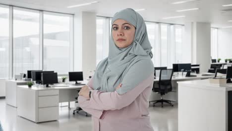 Porträt-Einer-Glücklichen-Muslimischen-Geschäftsfrau,-Die-Mit-Gekreuzten-Händen-Steht
