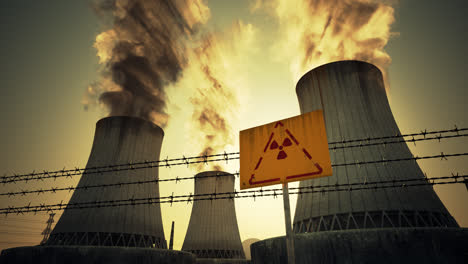 Nuclear-power-plant-caution-sign-and-barbed-wire-mounted-at-the-foot-of-three-large-tall-cement-chimneys-exhausting-smoke-and-fumes-into-the-atmosphere,-Sunset.