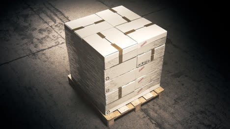 Modern,-advanced,-robot-arm-loading-and-stacking-cargo-boxes-from-the-line-onto-a-forklift-inside-a-vast-warehouse.-Fast,-slick-and-efficient-and-sophisticated-piece-of-technology-working-effortless.