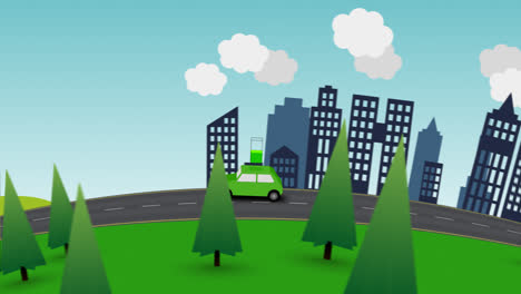 Color-animation-of-a-sunny-day-with-a-green-electric-car-traveling-from-the-city-with-the-skyscrapers-to-the-country-as-its-power-gauge-slowly-drops,-until-the-car-returns-home-to-recharge.