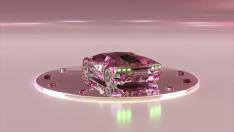 Abstract-concept.-The-diamond-machine-is-automatically-assembled-from-parts-and-rotates-on-a-glossy-platform.-Pink-neon-color.-3D-animation.