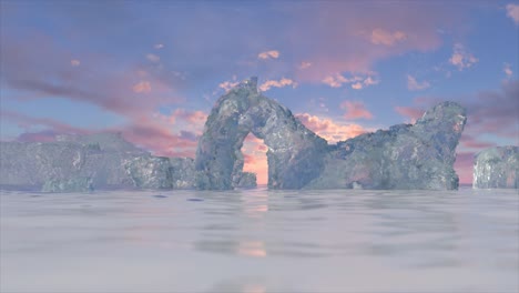 Serene-3D-ice-arch-in-a-tranquil-ocean-at-sunset,-with-a-pastel-sky-backdrop.