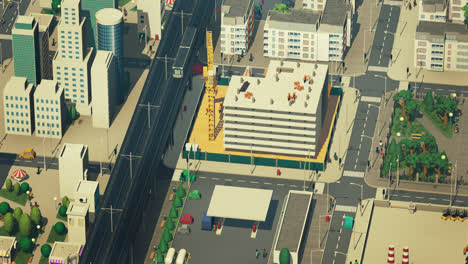 Low-poly-3d-animation-of-the-city-life.-Urban-aerial-view-of-the-city-block-with-skyscrapers,-offices,-shops-and-cars-driving-on-the-streets.-People-are-walking-on-the-crosswalks.