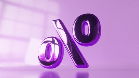 Gleaming-purple-percentage-symbols-in-3D-animation,-featuring-reflective-surfaces-and-a-minimalist-lilac-backdrop.