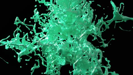 Grüne-Flüssigkeitsexplosion-In-3D-Animation,-Die-Einen-Hochdetaillierten,-Dynamischen-Spritzer-Vor-Einem-Stark-Schwarzen-Hintergrund-Einfängt.