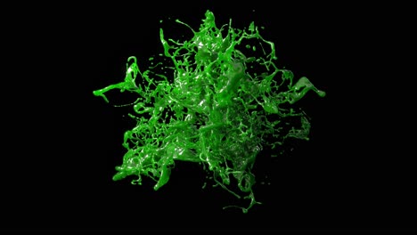 Grüne-Flüssigkeitsexplosion-In-3D-Animation,-Die-Einen-Hochdetaillierten,-Dynamischen-Spritzer-Vor-Einem-Stark-Schwarzen-Hintergrund-Einfängt.