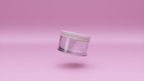 A-floating-cosmetic-cream-jar-in-a-3D-animation,-featuring-a-clean-white-lid-and-a-subtle-reflection-on-a-soft-gradient-backdrop