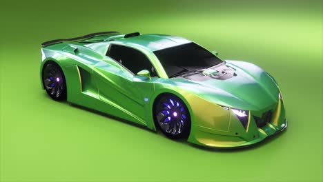 Green-supercar-with-fluid-design-lines-in-3D-animation,-presenting-a-high-gloss-finish-and-dynamic-stance.
