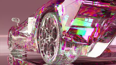A-diamond-car-assembly-from-shiny-transparent-parts.-Close-up.-Pink-neon-color.-Advertising.-3D-animation.