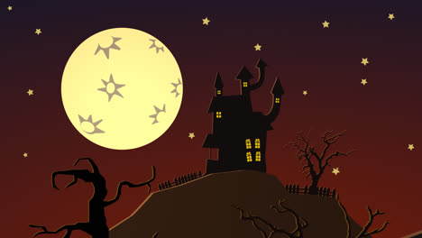 Dark,-autumn-misty-night-with-bright-moon--Silhouette-of-the-spooky,-Halloween-haunted-mansion-on-the-hill,-surrounded-by-mystery,-creepy-forest-with-flying-ghosts-and-evil-monsters.