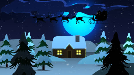 Happy-holidays!-Snow-is-falling-on-winter-Christmas-landscape-with-trees-and-old-cottage.-Santa’s-sled-full-of-gifts-dragged-by-raindeers-flying-in-front-of-bright,-full-moon.