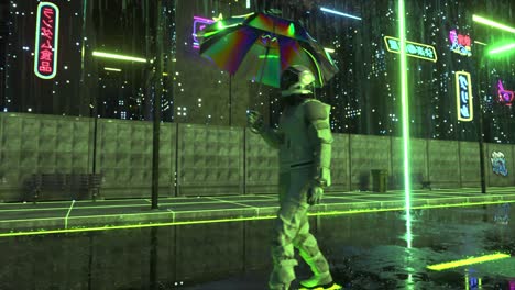 Abstract-futuristic-concept.-An-astronaut-walks-with-an-umbrella-through-a-Cyberpunk-city-in-the-rain.-Night-City.-Green-neon-light.-Rainbow.-3D-animation