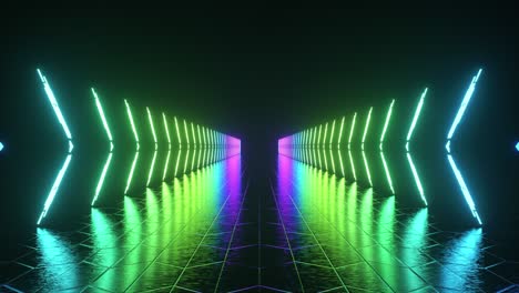 Futuristischer-Neonglühender-Korridor-Auf-Dunklem-Abstrakten-Hintergrund.-Mehrfarbige-Beleuchtung.-3D-Animation-Einer-Nahtlosen-Schleife.