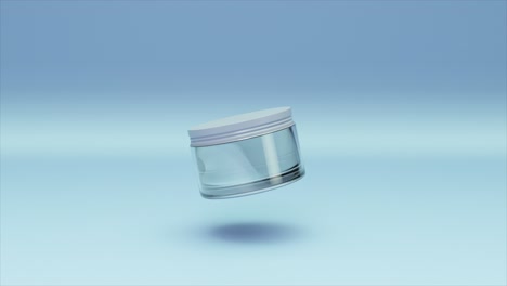 A-floating-cosmetic-cream-jar-in-a-3D-animation,-featuring-a-clean-white-lid-and-a-subtle-reflection-on-a-soft-gradient-backdrop