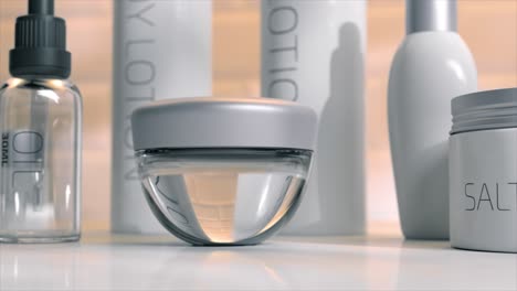 Close-up-of-skincare-bottles-in-3D-animation,-showcasing-modern-design-with-clean-lines-and-transparent-materials-on-a-reflective-surface.
