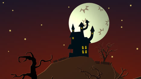 Dark,-autumn-misty-night-with-bright-moon--Silhouette-of-the-spooky,-Halloween-haunted-mansion-on-the-hill,-surrounded-by-mystery,-creepy-forest-with-flying-ghosts-and-evil-monsters.