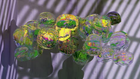 The-concept-of-transformation.-Large-transparent-rainbow-bubbles-are-blown-from-a-shelf-on-the-wall.-Wood-and-stone-transform-into-a-bubble.-Shadow-in-the-background.-3D-animation.