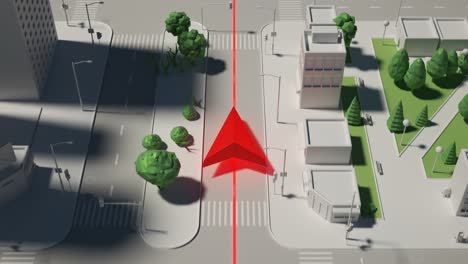 GPS-navigation-map-in-the-3d-technology.-A-graphic-concept-with-the-red-arrow-running-forward-along-the-path-in-the-city-with-skyscrapers,-suburbs-and-parks.-Perfect-for-communication-related-purposes