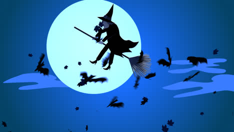 A-scary,-cloudy-autumn-night,-full-of-flying-spooky-bats.-Mysterious-halloween-witch-in-hat-and-black-clothes-is-flying-on-the-broomstick-against-bright,-full-moon.