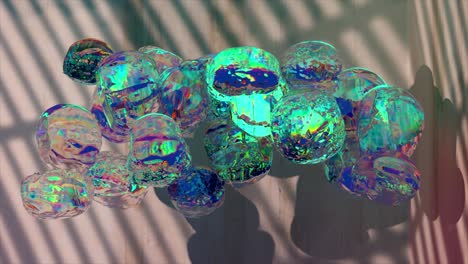 Abstract-concept.-A-shelf-made-of-wood-and-stones-transforms-into-rainbow-bubbles.-Shadow-on-the-wall.-Inflate.-Green-light.-3D-animation.