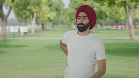 Kranker-Sikh-Indianer,-Der-Im-Park-Unter-Rückenschmerzen-Leidet