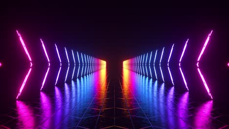 Futuristic-neon-glowing-corridor-on-a-dark-abstract-background.-Multi-colored-illumination.-3D-animation-of-a-seamless-loop.