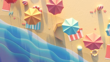 Seamless-looping-animation-of-stylized,-low-poly-beach-with-colorful-umbrellas,-towels,-balls-and-windbrakers.-Endless-tropical-beach,-waves,-blue-sea,-warm-beach-sand.-Concept-of-vacations,-fun.-4k