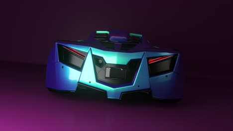 A-futuristic-sports-car-with-bright-neon-brake-lights-in-3D-animation,-showing-an-elegant-design-and-dynamic-lighting.