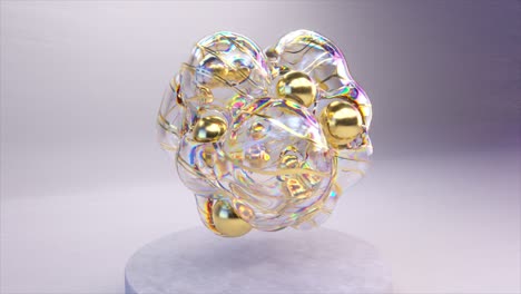 Abstract-translucent-bubble-cluster-with-golden-cores,-3D-animation